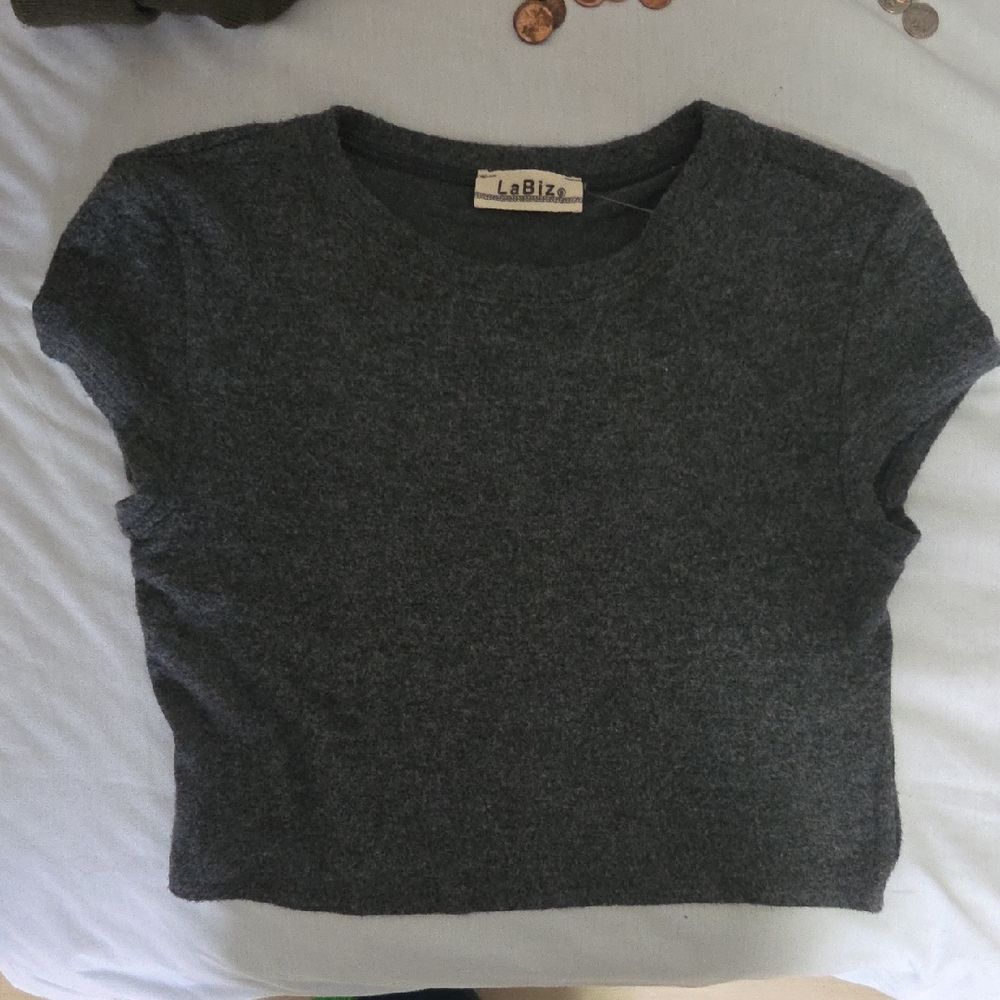 La Biz Charcoal Gray Cropped Knit Tee Small NWT Soft Nylon Spandex